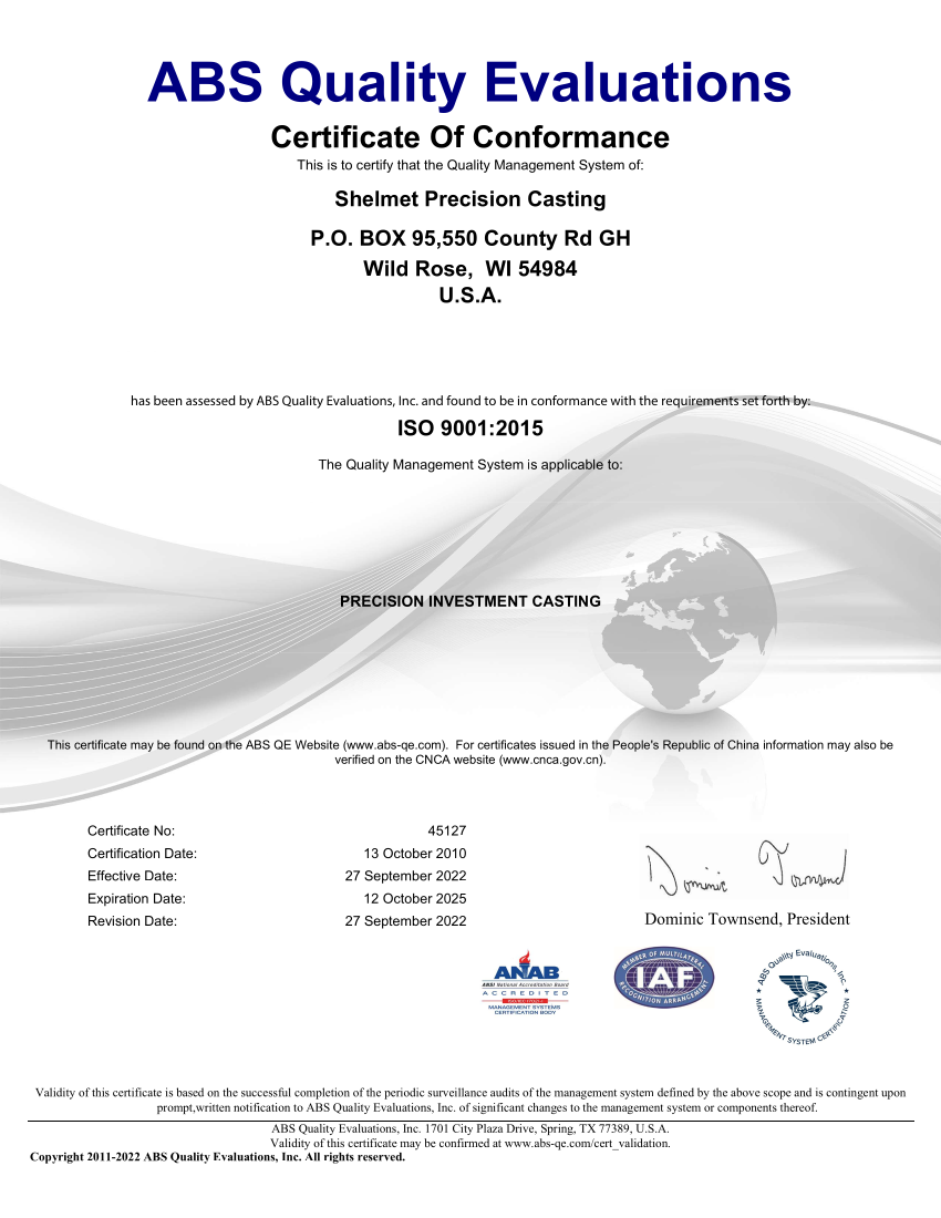 Shelmet ISO 9001-2015 Certificate 2022 to 2025